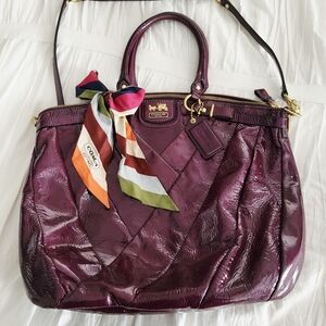 Coach Violet Madison Diagonal Patent Leather Satchel Purse + Vintage Coach Scarf